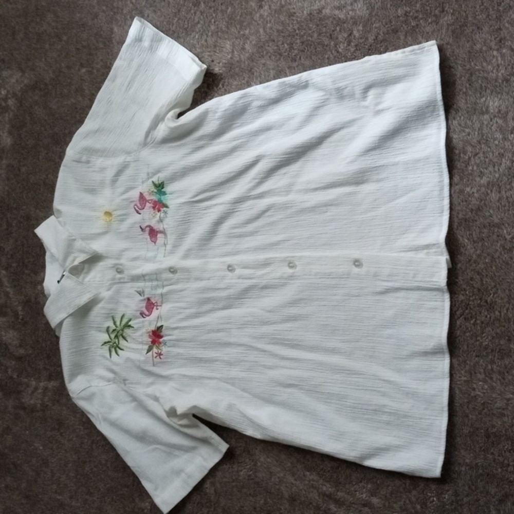 Alfred Dunner flamingo tropical beaded embroidered blouse
